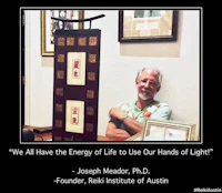 a man is standing in front of a picture with a quote on it